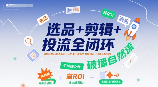 选品+剪辑+投流全闭环，破播自然流+撬动高ROI，手把手打通“选品-剪辑-测品-千川随心推”全链-网创资源总站