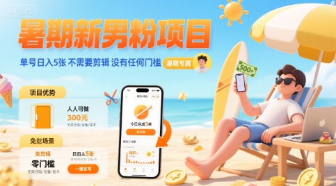暑期新男粉项目 单号日入5张 不需要剪辑 没有任何门槛-网创资源总站