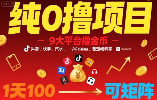 纯0撸项目，9大平台撸金币，抖音，快手，汽水，番茄畅听等，1天100，可矩阵-网创资源总站