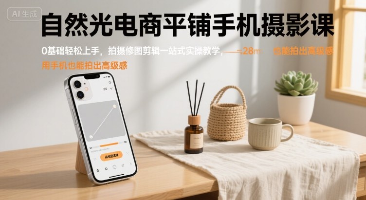 自然光电商平铺手机摄影课，0基础轻松上手，拍摄修图剪辑一站式实操教学，用手机也能拍出高级感-网创资源总站