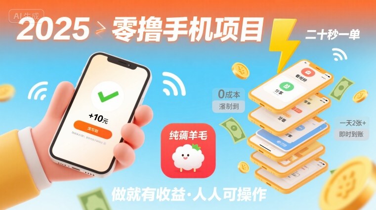 2025年零撸手机项目，二十秒一单，纯薅羊毛 一天2张+做就有-网创资源总站