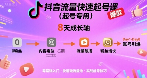 抖音流量快速起号课(起号专用)，8天带你做爆自己的账号-网创资源总站