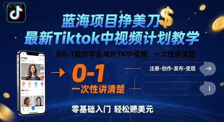 蓝海项目挣美刀，最新Tiktok中视频计划教学，从0-1教你学会海外TK中视频，一次性讲清楚-网创资源总站