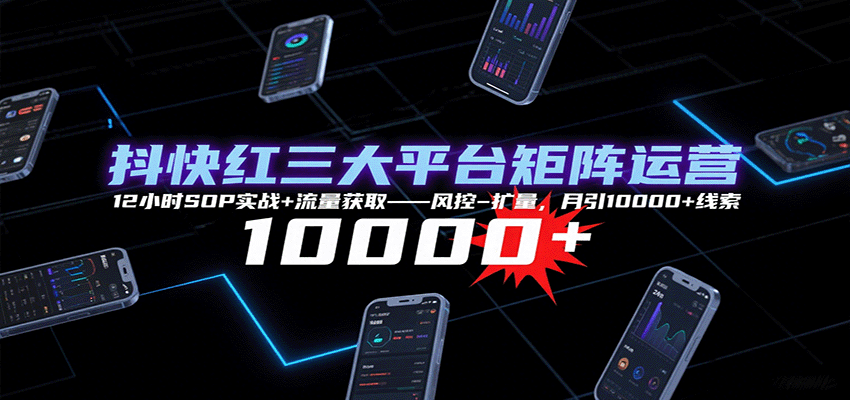 抖快红三大平台矩阵运营，12小时SOP实战+流量获取-风控-扩量，月引10000+线索-网创资源总站