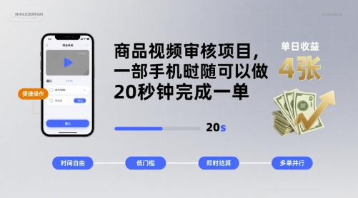 商品视频审核项目，一部手机随时随地都可以做，20秒钟完成一单，单日收益 4张【揭秘】-网创资源总站