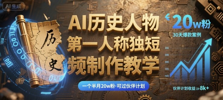 最新AI历史人物第一人称独白短视频制作教学，一个半月20w粉，可过伙伴计划-网创资源总站