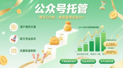 【公众号托管 】我提供文章，你发布，每天5分钟，单篇最高收益1k+【揭秘】-网创资源总站