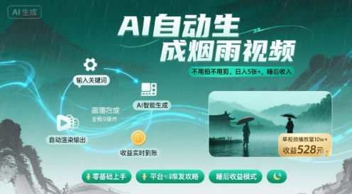 不用拍不用剪！AI自动生成烟雨视频，日入5张+，睡后收入-网创资源总站