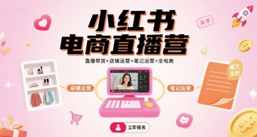 小红书电商直播营，直播带货+店铺运营+笔记运营=全电商-网创资源总站