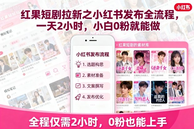 红果短剧拉新之小红书发布全流程，一天2小时，小白0粉就能做-网创资源总站