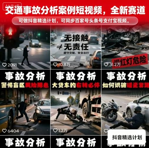 交通事故分析案例短视频，全新赛道，可做抖音精选计划，可同步百家号头条号支付宝视频号平台-网创资源总站