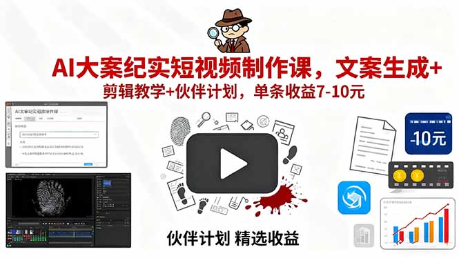 AI大案纪实短视频制作课，文案生成+剪辑教学+伙伴计划，单条收益7-10元-网创资源总站