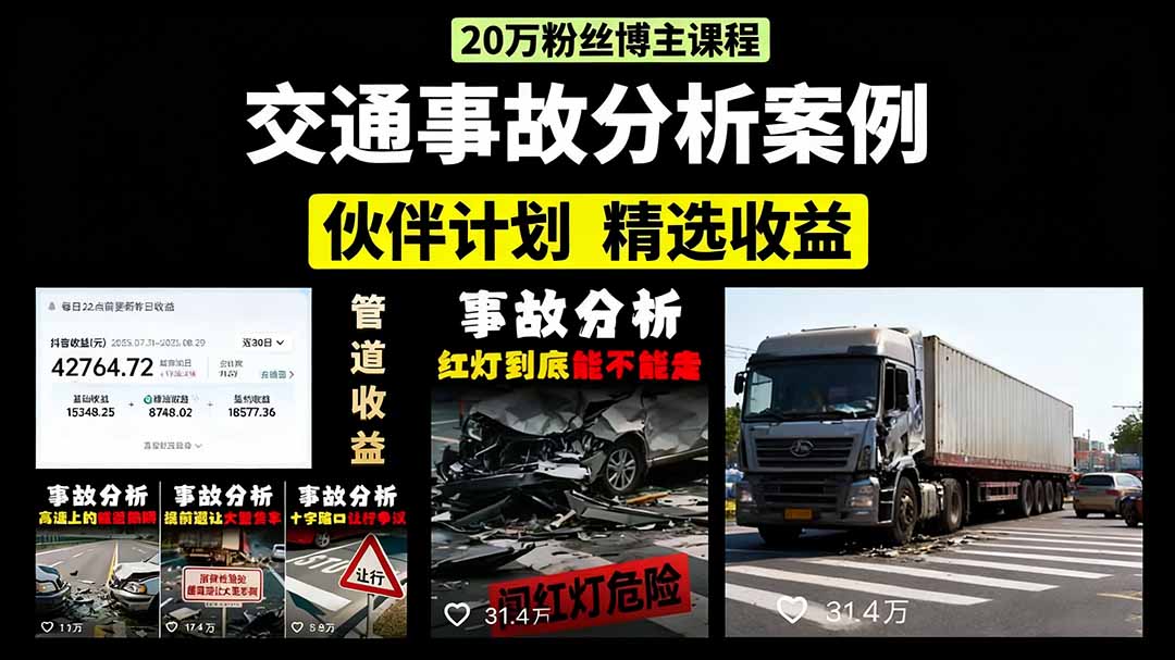 交通事故分析案例短视频，剪辑技巧+文案模板+配音教学+快速起号 月收益2w+-网创资源总站
