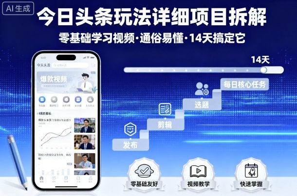 今日头条玩法详细项目拆解，零基础学习视频 通俗易懂 14天搞定它-网创资源总站
