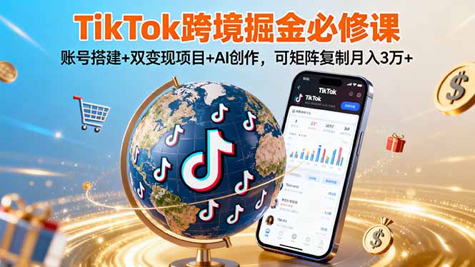 TikTo跨境掘金必修课，账号搭建+双变现项目+AI创作，可矩阵复制月入3万+-网创资源总站