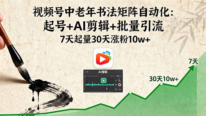视频号中老年书法矩阵自动化：起号+AI剪辑+批量引流 7天起量30天涨粉10w+-网创资源总站