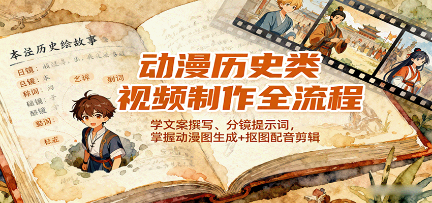 动漫历史类视频制作全流程，学文案撰写、分镜提示词，掌握动漫图生成+抠图配音剪辑-网创资源总站