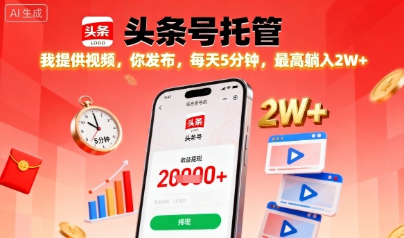 【头条号托管】我提供视频，你发布，每天5分钟，最高躺入2W+【揭秘】-网创资源总站