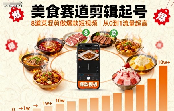 美食赛道剪辑起号，8道菜混剪做爆款短视频，从0到1，流量超高-网创资源总站