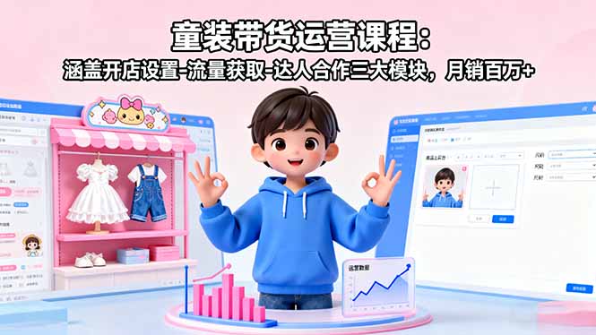 童装带货运营课程：涵盖开店设置-流量获取-达人合作三大模块，月销百万+-网创资源总站