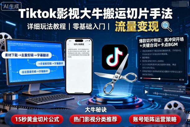 Tiktok影视大牛搬运切片手法，详细玩法教程-网创资源总站