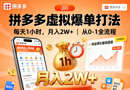 拼多多虚拟爆单打法，每天1小时，月入2W+，从0-1全流程-网创资源总站