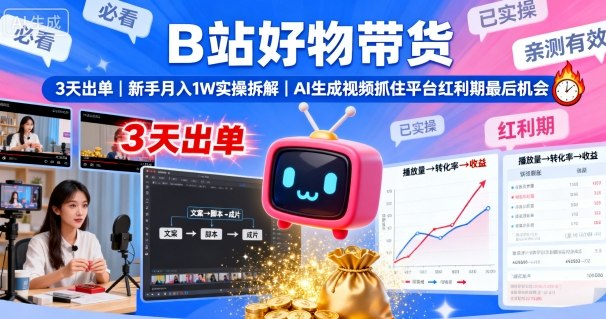 B站好物带货，3天出单，新手月入1W实操拆解，AI生成视频，抓住平台红利期最后机会-网创资源总站