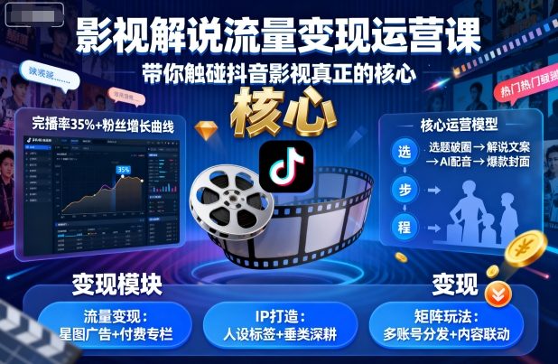 影视解说流量变现运营课，带你触碰抖音影视真正的核心-网创资源总站