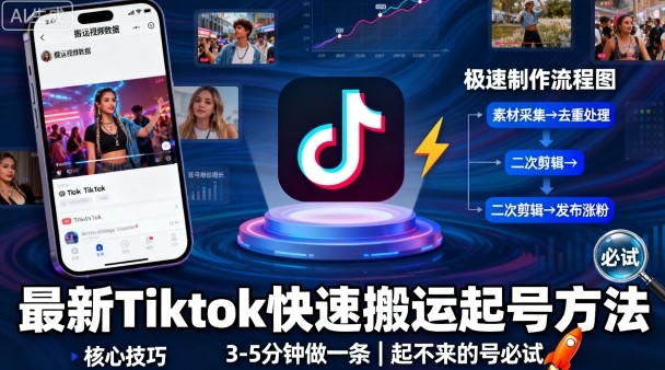 最新Tiktok快速搬运快速起号方法，3-5分钟做一条，起不来的号可以试试-网创资源总站