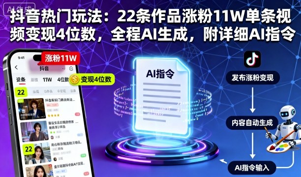 抖音热门玩法：22条作品涨粉11W单条视频变现4位数，全程AI生成，附详细AI指令-网创资源总站
