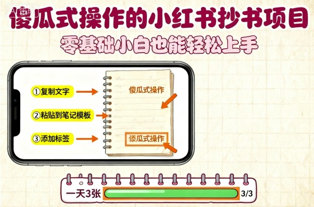 傻瓜式操作的小红书抄书项目，会复制粘贴就行，零基础小白也能一天3张-网创资源总站