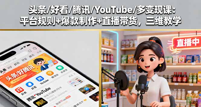 头条/好看/腾讯/YouTube/多变现课：平台规则+爆款制作+直播带货，三维教学-网创资源总站