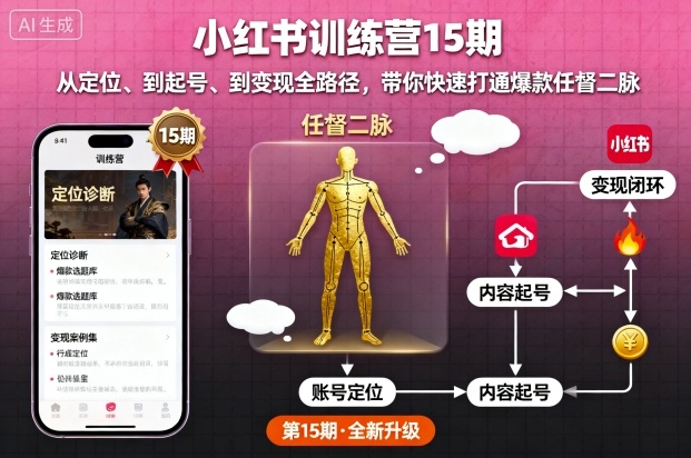 小红书训练营15期，从定位、到起号、到变现全路径，带你快速打通爆款任督二脉-网创资源总站