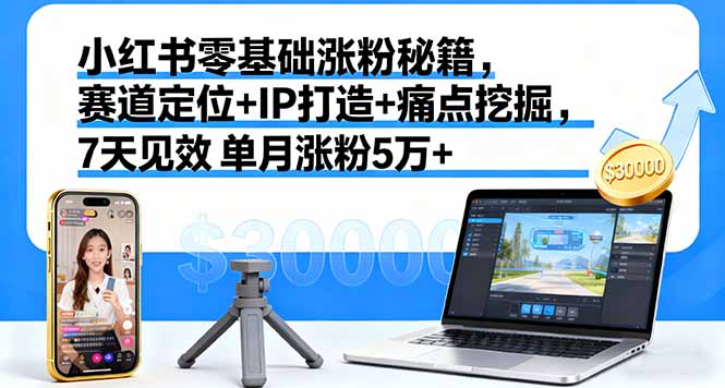 小红书零基础涨粉秘籍，赛道定位+IP打造+痛点挖掘，7天见效 单月涨粉5万+-网创资源总站