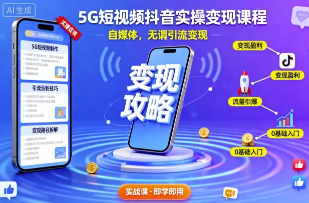 5G短视频抖音实操变现课程，自媒体，无谓引流变现-网创资源总站