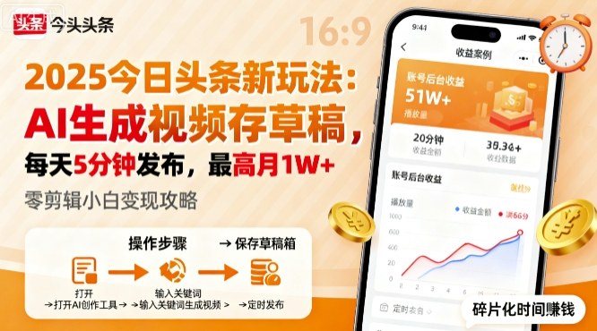 2025年今日头条躺賺新玩法，AI生成视频存草稿，每天5分钟发布，最高月1W+【揭秘】-网创资源总站