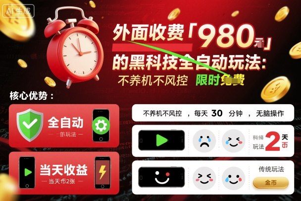 外面收费980的黑科技全自动玩法，不养机不风控，每天30分钟，无脑操作，当天收益2张【揭秘】-网创资源总站