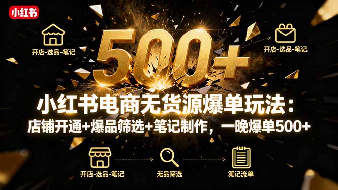 小红书电商无货源爆单玩法：店铺开通+爆品筛选+笔记制作，一晚爆单500+-网创资源总站