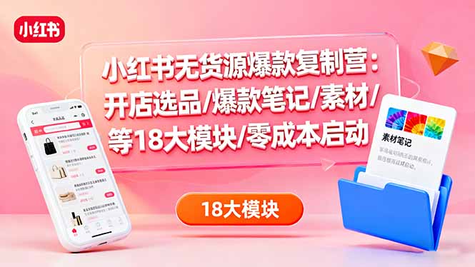 小红书无货源爆款复制营：开店选品/爆款笔记/素材/等18大模块/零成本启动-网创资源总站