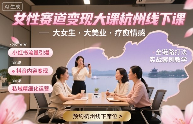 女性赛道变现大课杭州线下，大女生，大美业，疗愈情感，一套小红书、抖音、私域全链路打法-网创资源总站