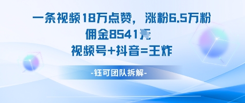 一条视频18W点赞，涨粉6.5W粉佣金8541米，视频号+抖音=王炸-网创资源总站